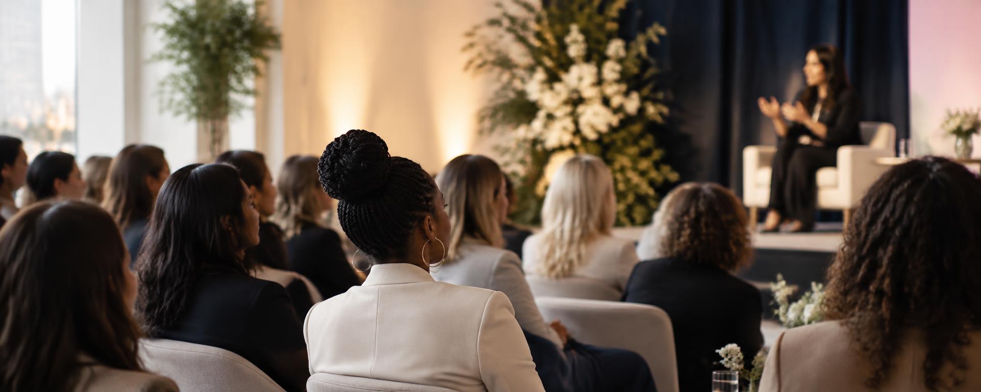 Women founders gathered at a herFunds retreat session, listening to a speaker